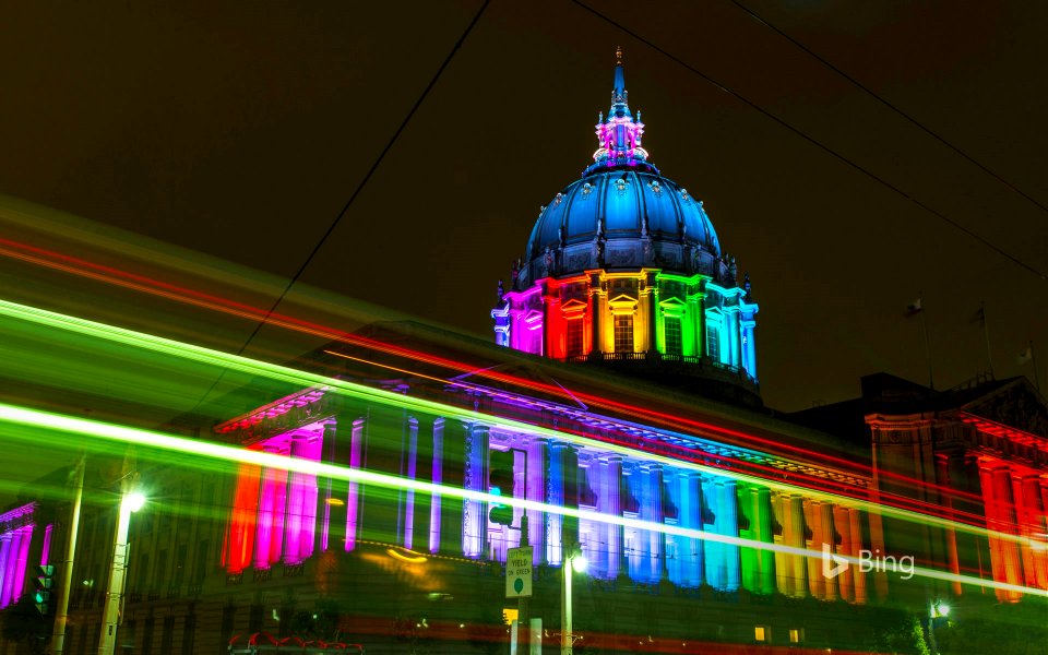 San Francisco City Hall lit with rainbow lights for Pride