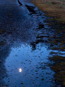 Half moon reflected in puddle photo