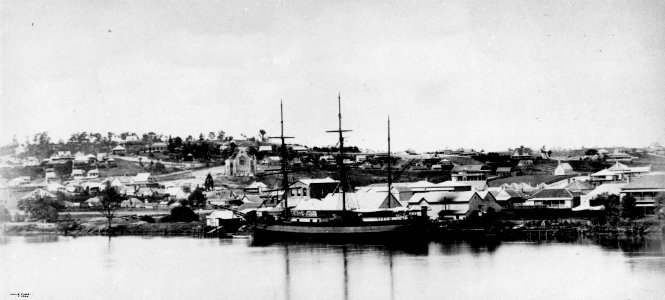 1882-83. South Brisbane seen from across the Brisbane River. St Andrew's Church can be seen under construction. photo