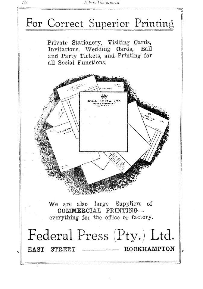 1930s. Advertisement for Federal Press Pty Ltd, East Street, Rockhampton (Queensland)