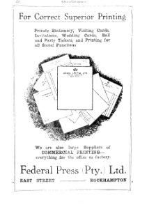 1930s. Advertisement for Federal Press Pty Ltd, East Street, Rockhampton (Queensland)