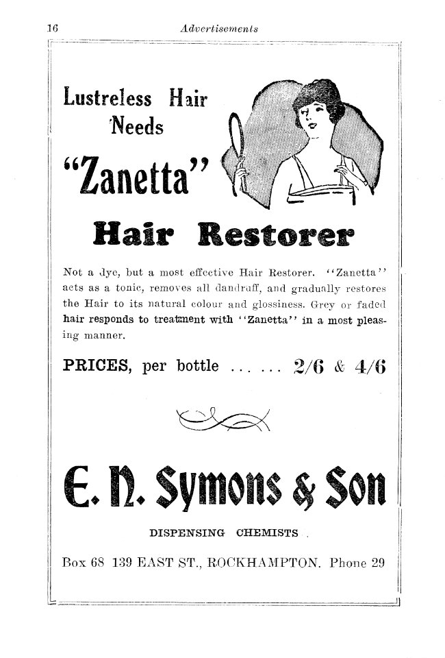 1930s. Advertisement for E.N. Symons & Son, Dispensing Chemists, East Street, Rockhampton (Queensland)