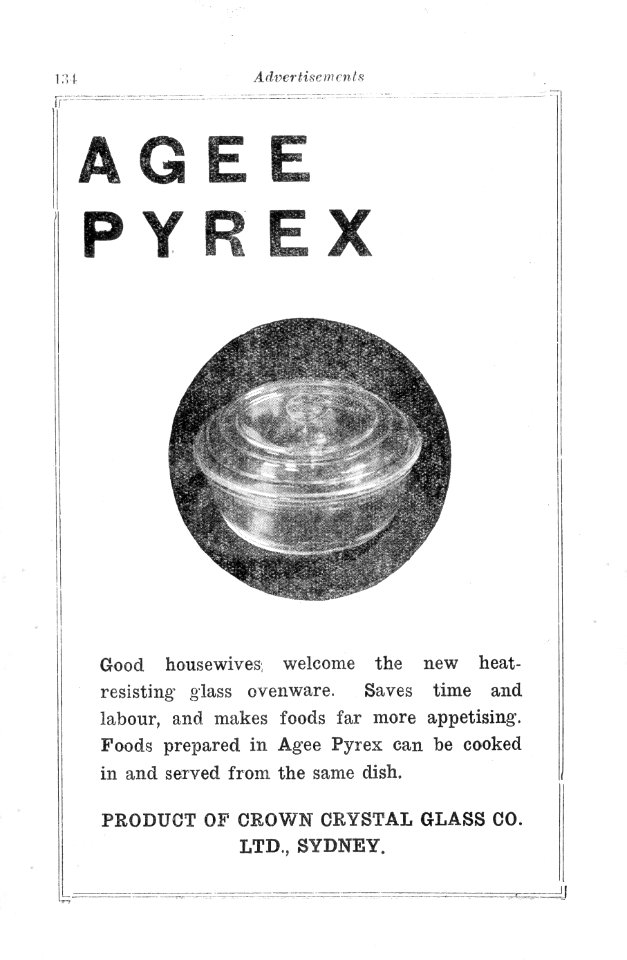 1930s. Advertisement for Agee Pyrex (heat-resistant glass ovenware)
