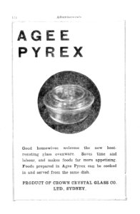1930s. Advertisement for Agee Pyrex (heat-resistant glass ovenware)