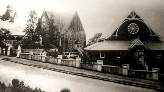 Undated. Prior to 1932. St Andrew's rectory, church (prior to nave extension) and parish hall.