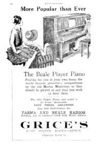 1930s. Advertisement for Beale Player Piano available at Grice's, East Street, Rockhampton (Queensland) photo