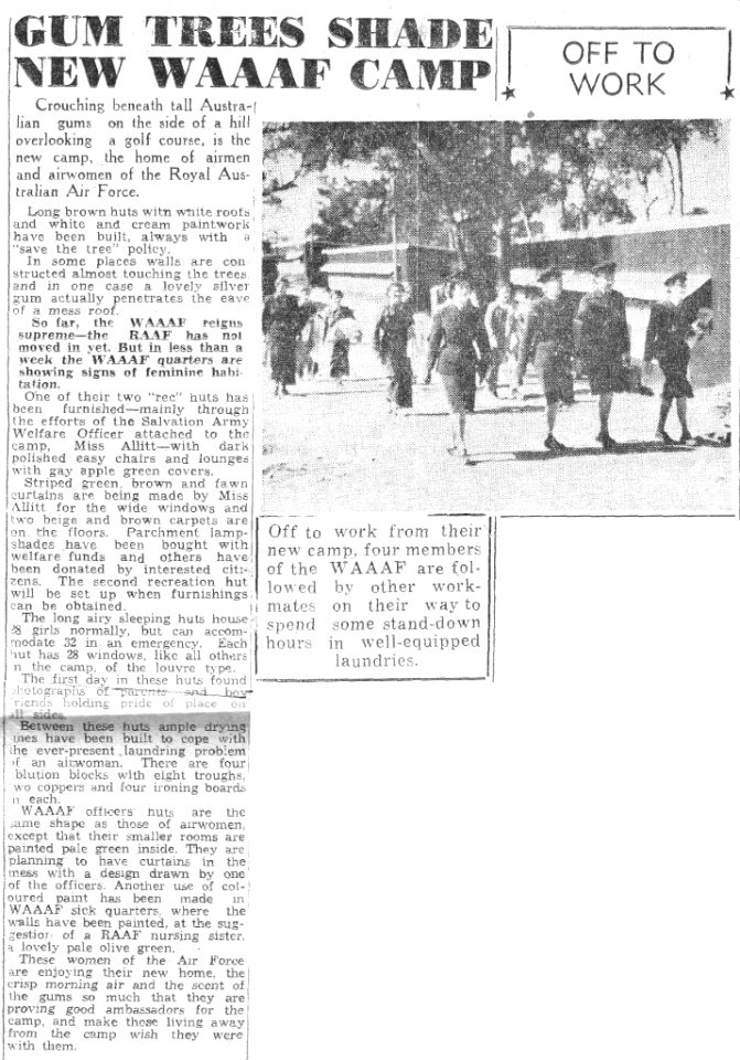1943. Newspaper article. Gum Trees Shade New WAAAF Camp.