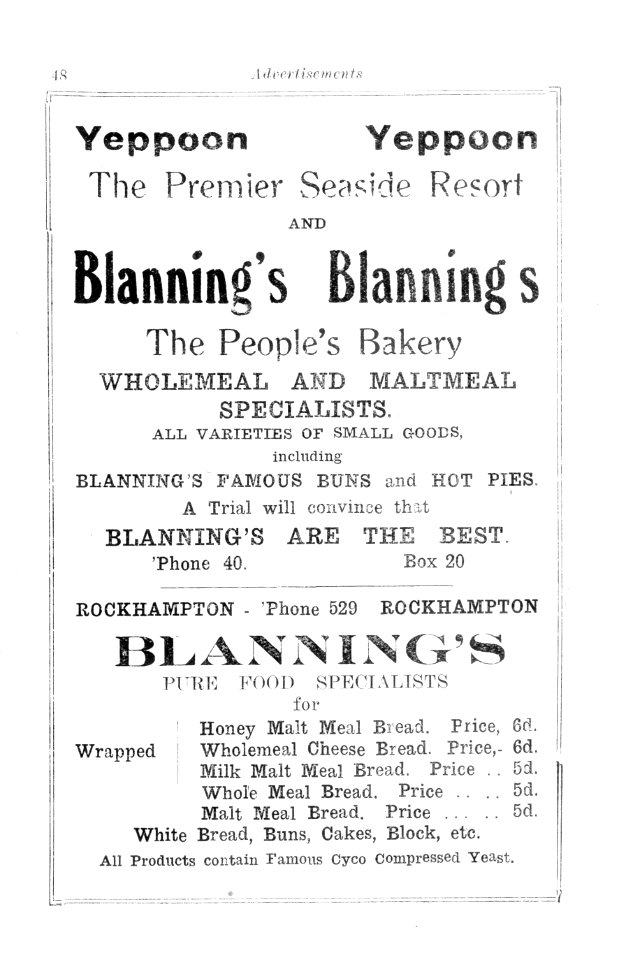 1930s. Advertisement for Blanning's Bakery "The People's Bakery", Yeppoon