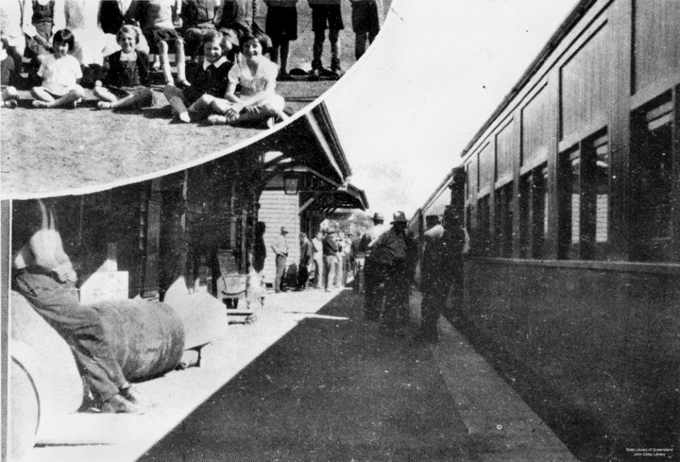 1933. Train passengers on the platform at Morven Railway Station, Morven, Queensland.