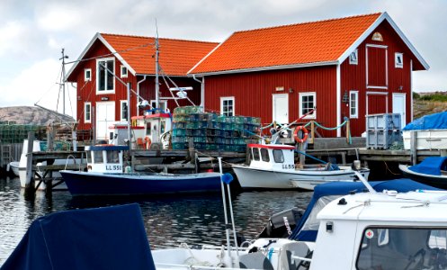 Fishing boats and utility houses in Norra Grundsund harbor photo