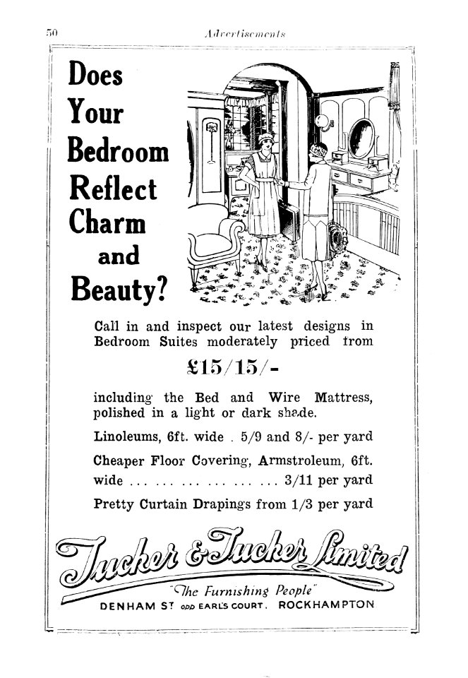 1930s. Advertisement for bedroom furniture: Tucker & Tucker Limited "The Furnishing People", Denham Street and Earle's Court, Rockhampton (Queensland)