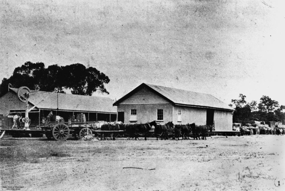 1906. Jericho Railway Station with wagons and horse teams Queensland.