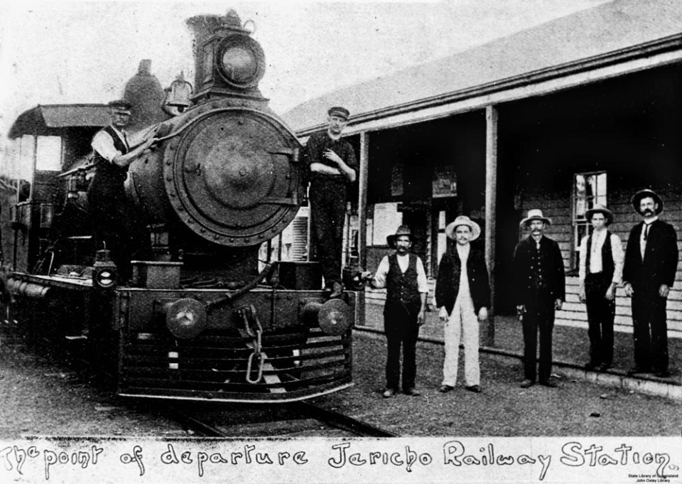 1908. Engine drivers standing on the steam train at Jericho Railway Station Queensland.
