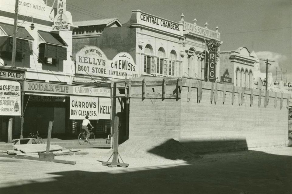 c. 1940. Newly constructed air raid shelter on East Street, Rockhampton.
