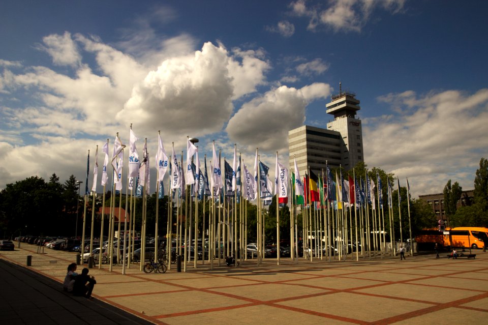 RBB Building and Flags seen from Messe
