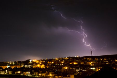 Lightning hitting a radio tower, Saltdean, Brighton, UK