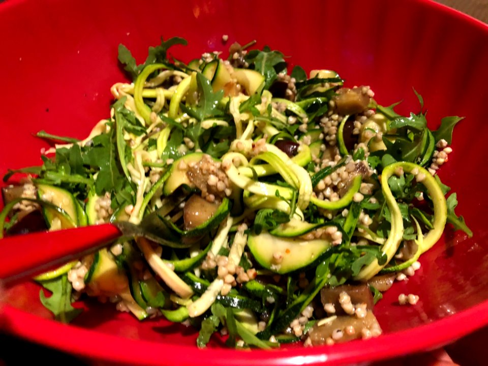raw zucchini spaghetti with buckwheat and eggplants