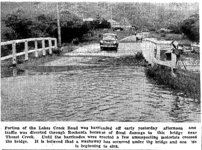 1954, February 13. Flooding on Lakes Creek Road. Cutting from The Morning Bulletin. photo