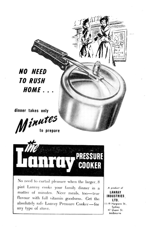 1940s. Advertisement for Lanray pressure cooker