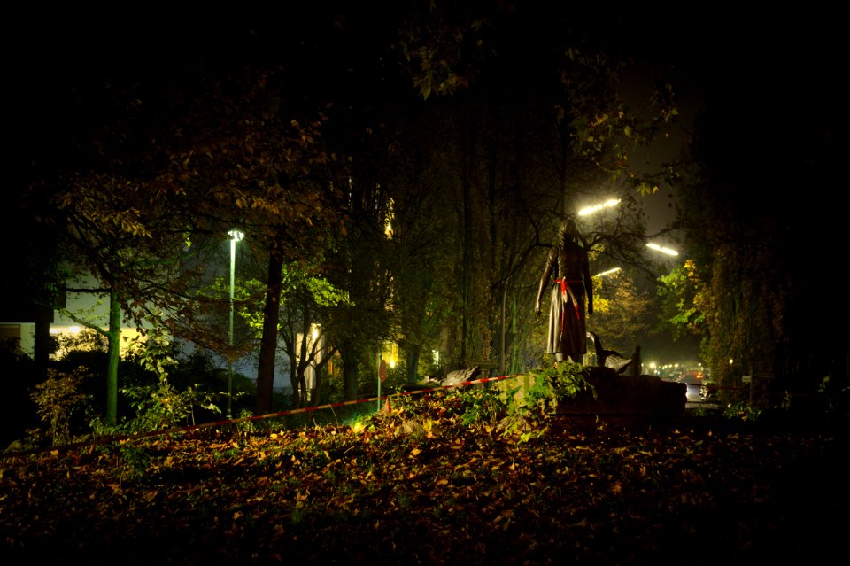 Floodlit Statue on Nikolsburger Platz, Wilmersdorf