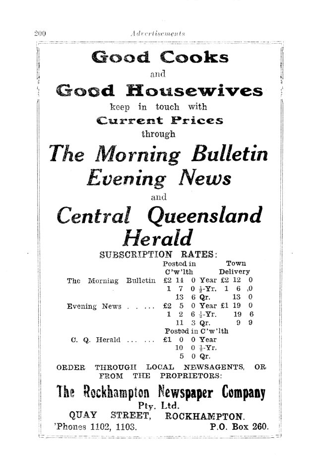 1930s. Advertisement for The Rockhampton Newspaper Company, Quay Street, Rockhampton (Queensland)