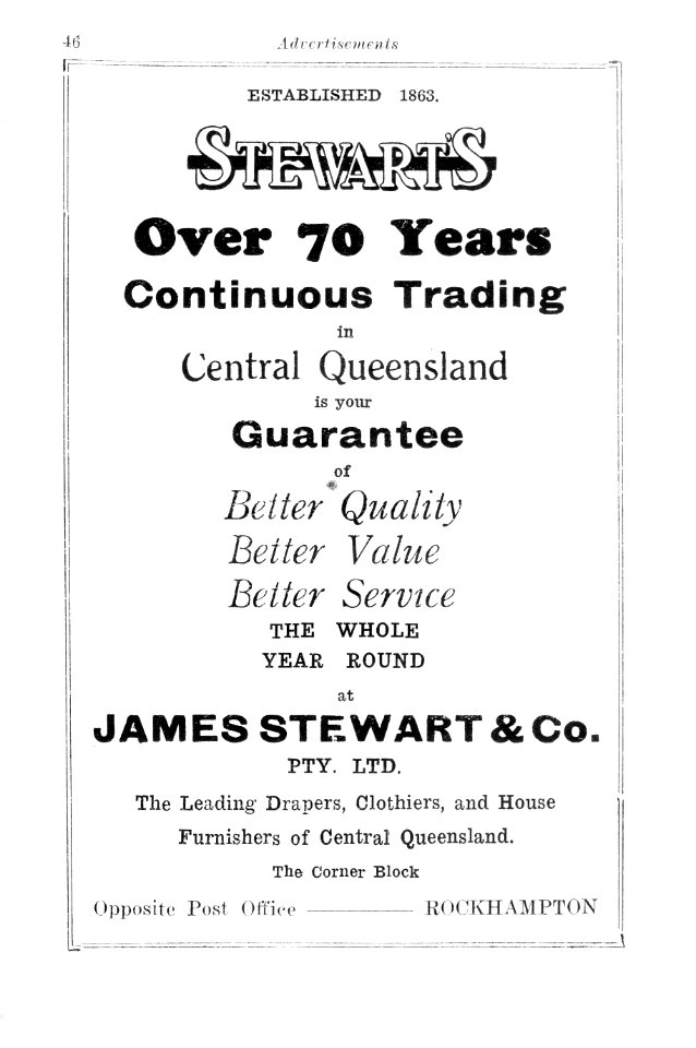 1930s. Advertisement for James Stewart & Co Pty Ltd, Rockhampton (Queensland)