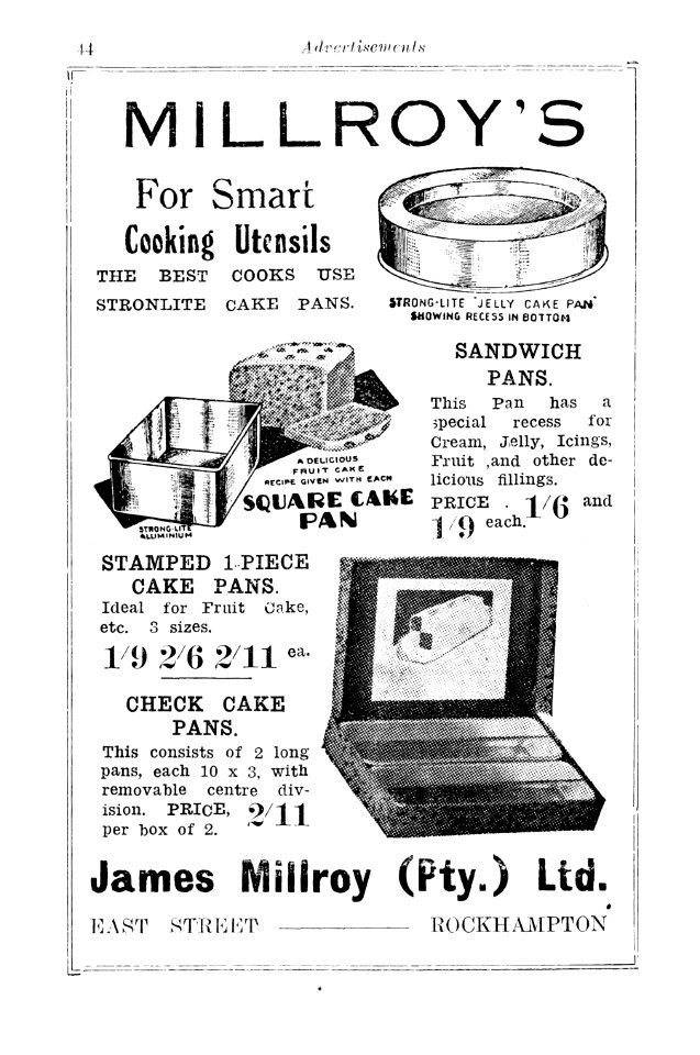 1930s. Advertisement for cooking utensils, James Millroy Pty Ltd, East Street, Rockhampton (Queensland)