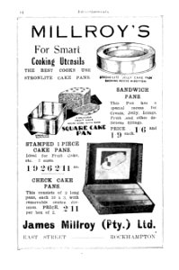 1930s. Advertisement for cooking utensils, James Millroy Pty Ltd, East Street, Rockhampton (Queensland)