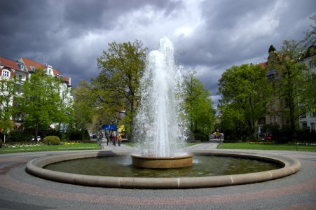 Wide-Angle on Fountain and Sky on Viktoria-Luise Platz, Schoeneberg