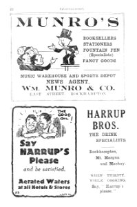 1930s. Advertisements for Munro's (Booksellers, Stationers) & Harrup Bros. "The Drink Specialists" (Rockhampton, Queensland) photo