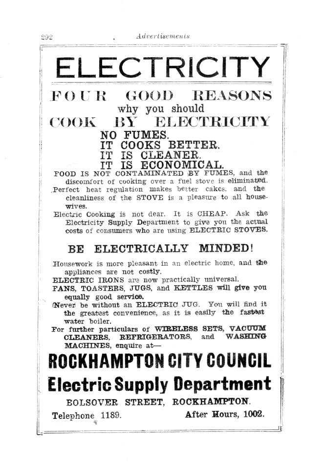 1930s. Advertisement for electricity: Rockhampton City Council, Electric Supply Department, Bolsover Street, Rockhamtpon (Queensland) photo