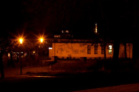 Building in Volkspark am Weinbergsweg at night photo