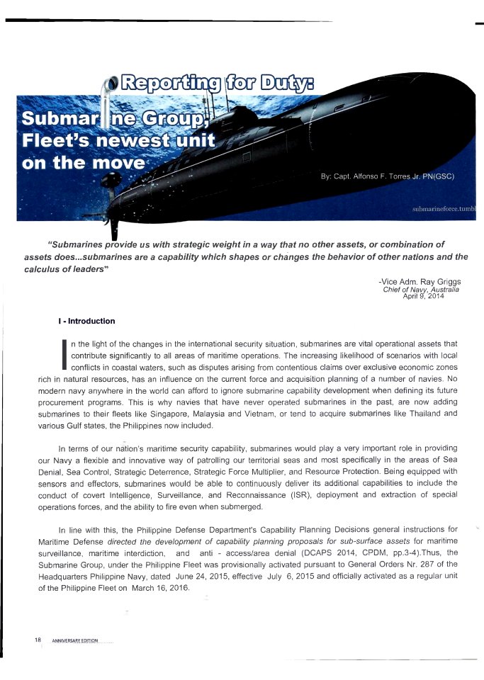 Reporting for Duty: Submarine Group, Fleet's Newest Unit on the Move by Capt. Alfonso F. Torres Jr. (PN-GSC) p. 1 of 4