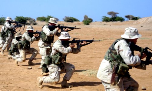 CAMP LEMONIER, Djibouti -- Marines with Company A, Command Logistics Element, Marine Central Command, practice their speed and accuracy with M16-A2 service rifles during a “Presentation of Weapons” exercise March 24. The Marines, here supporting Combined