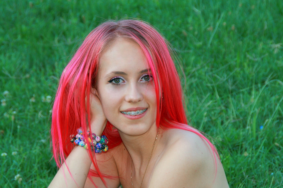 Girl pink hair smile