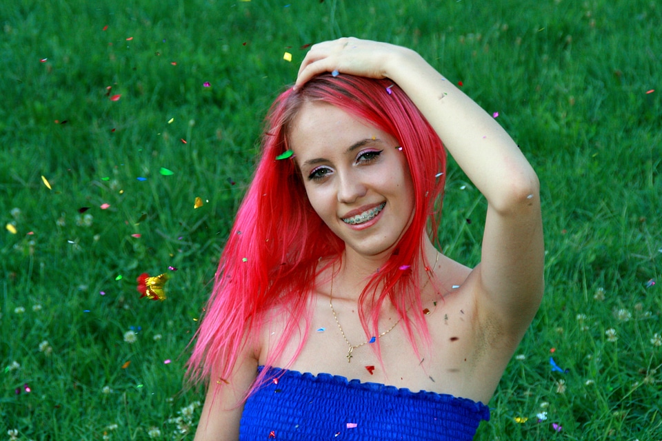 Pink hair confetti smile