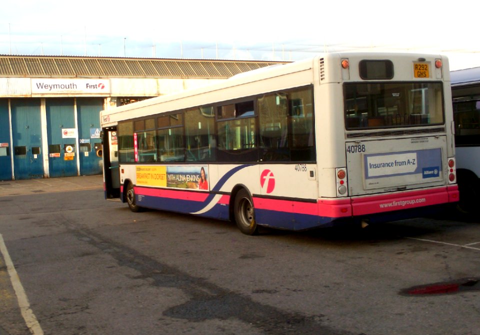 r292ghs, first bus at the rear of the first bus garage in weymouth, (15th of september 2013)