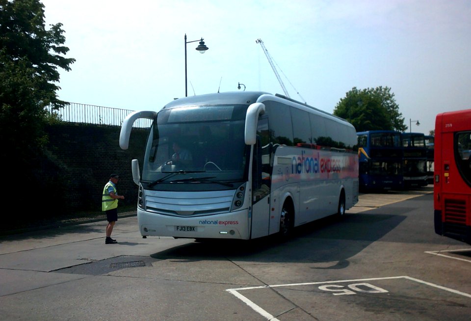 fj13ebx, national express coach, leaving the canterbury bus station, (tuesday the 7th of june 2016)