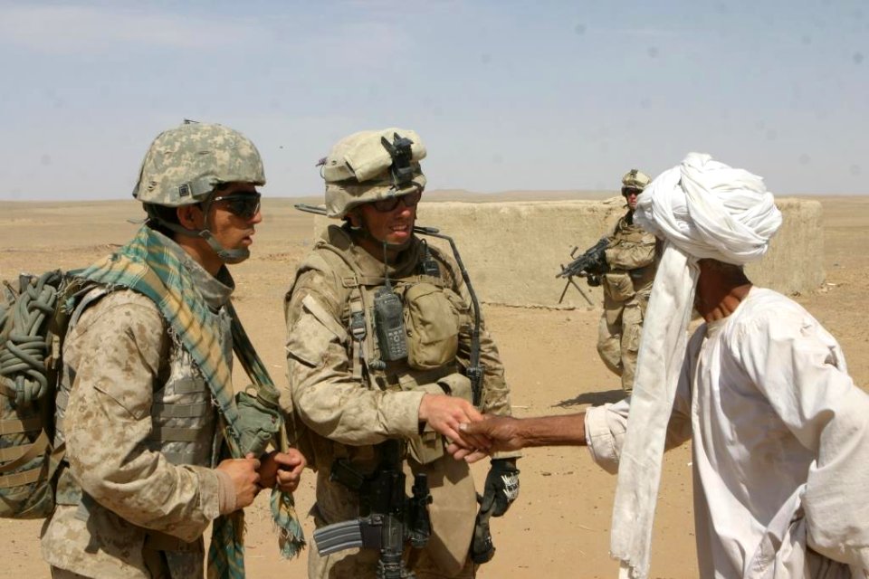 Marines with Alpha Company, 1st Battalion, 6th Marine Regiment, 24th Marine Expeditionary Unit, NATO International Security Assistance Force, operating in Garmsir
