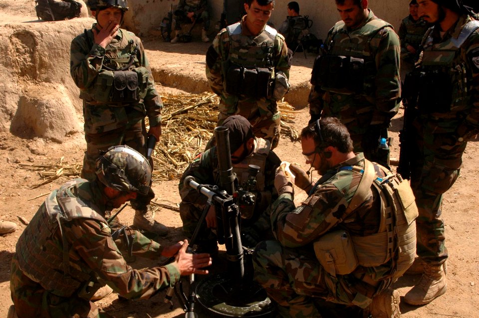 US SF, ANA set up mortar, Helmand