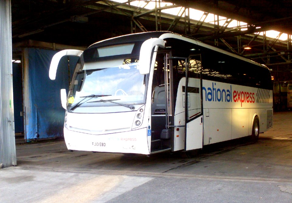 fj13ebd national express coach at the first bus garage weymouth 20th september 2013