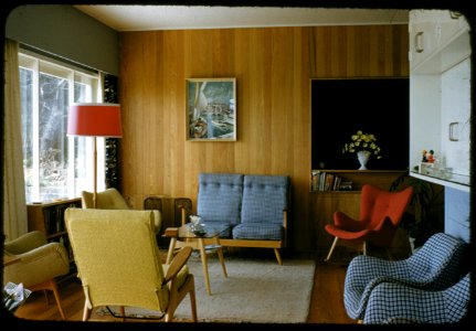 Interior of Triangular House  at 13th mile post. Dandenong Rd. Cnr. Mays Rd. and Dandenong Rd. Clayton, Ray Berg and H. L. Waugh. 1953.