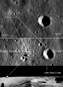 Apollo 11 - Die Landestelle in Bildern des Satelliten LRO, verglichen mit einem Panorama aus Fotos, die Armstrong aufgenommen hat.