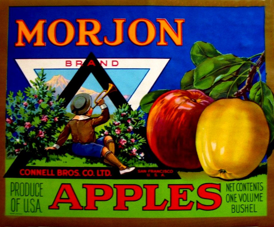1940s Morjon Apple Crate Label Boy with Horn Mountains