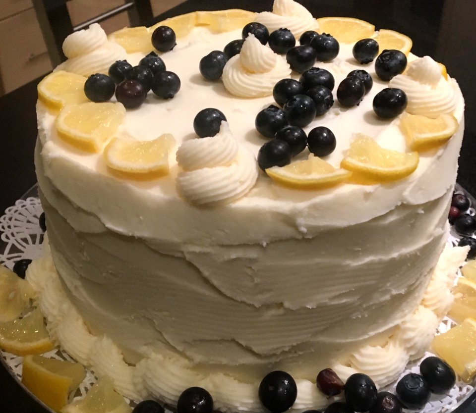 Birthday Cake, lemon cake with lemon curd, blueberries, and fresh lemon slices