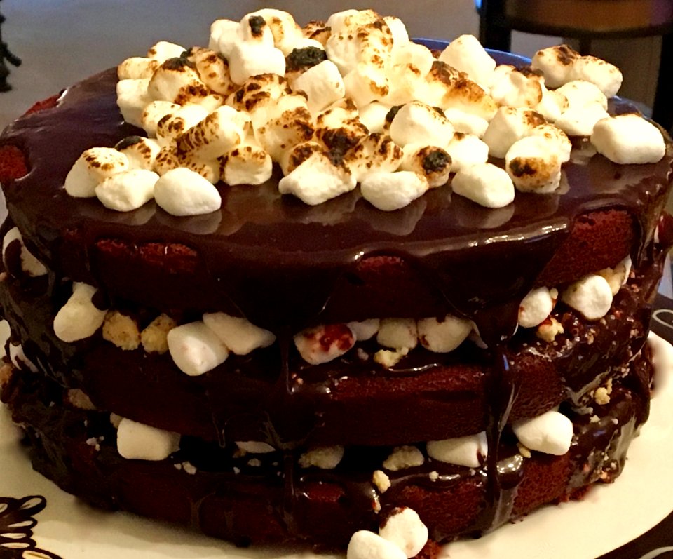 Choc Malt Cake, chocolate ganache, toasted marshmallows