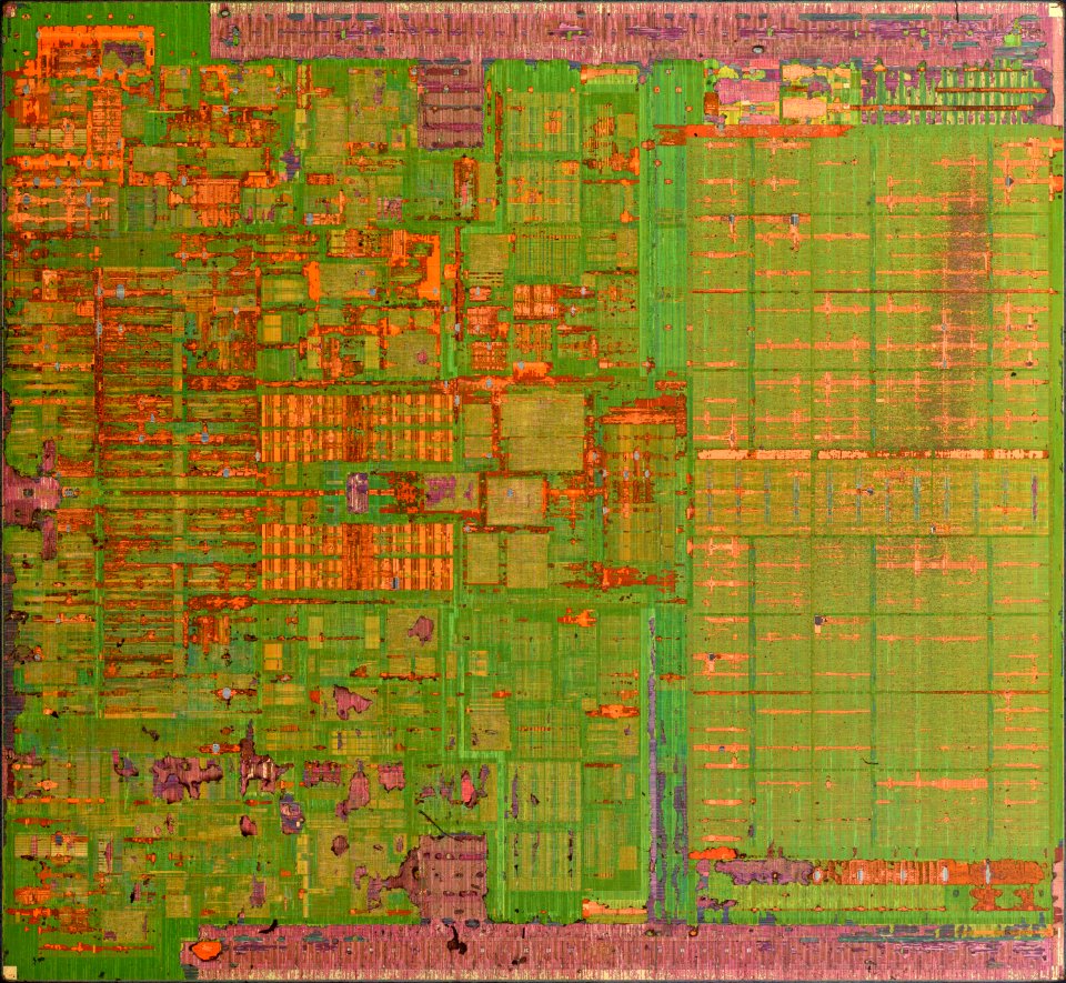 Intel Wolfdale-3M die shot (E7400) during etching - internal light - high resolution - stitched