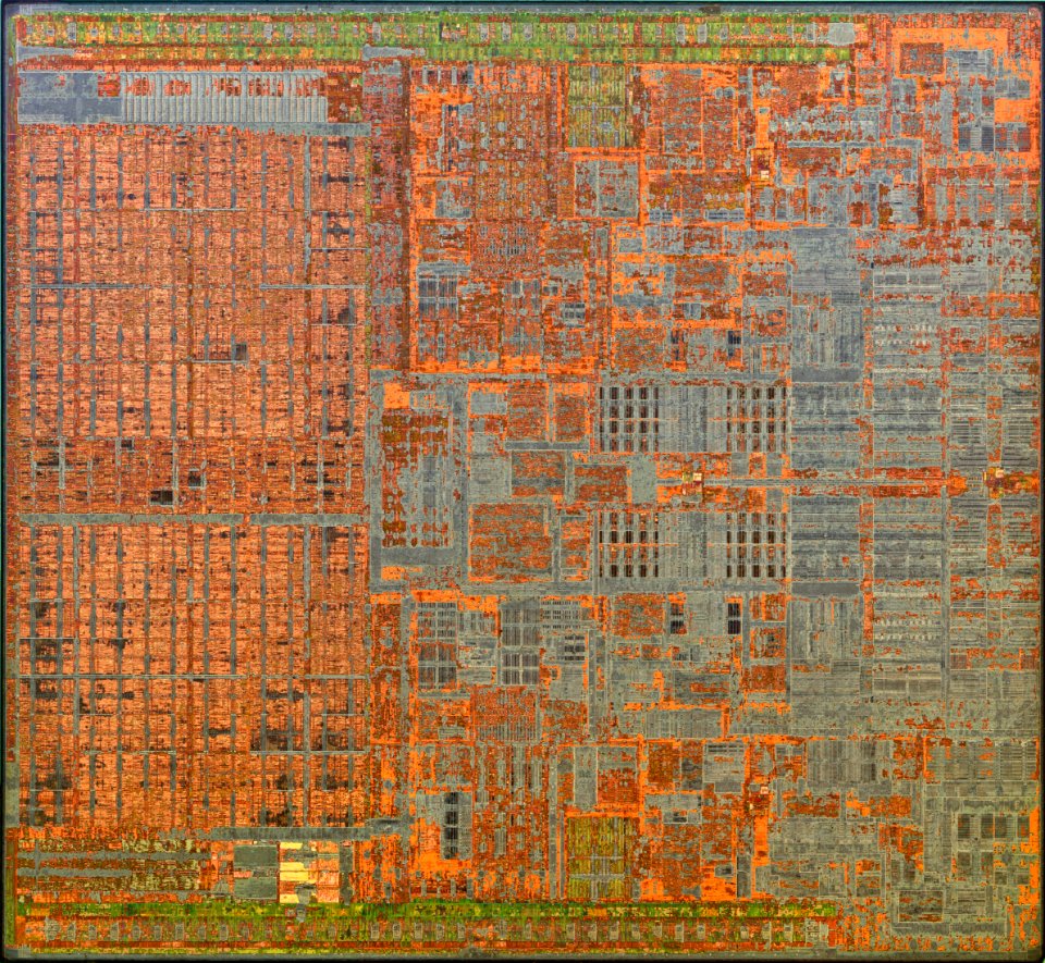Intel Wolfdale-3M die shot (E7400) during etching - internal light - high resolution - stitched