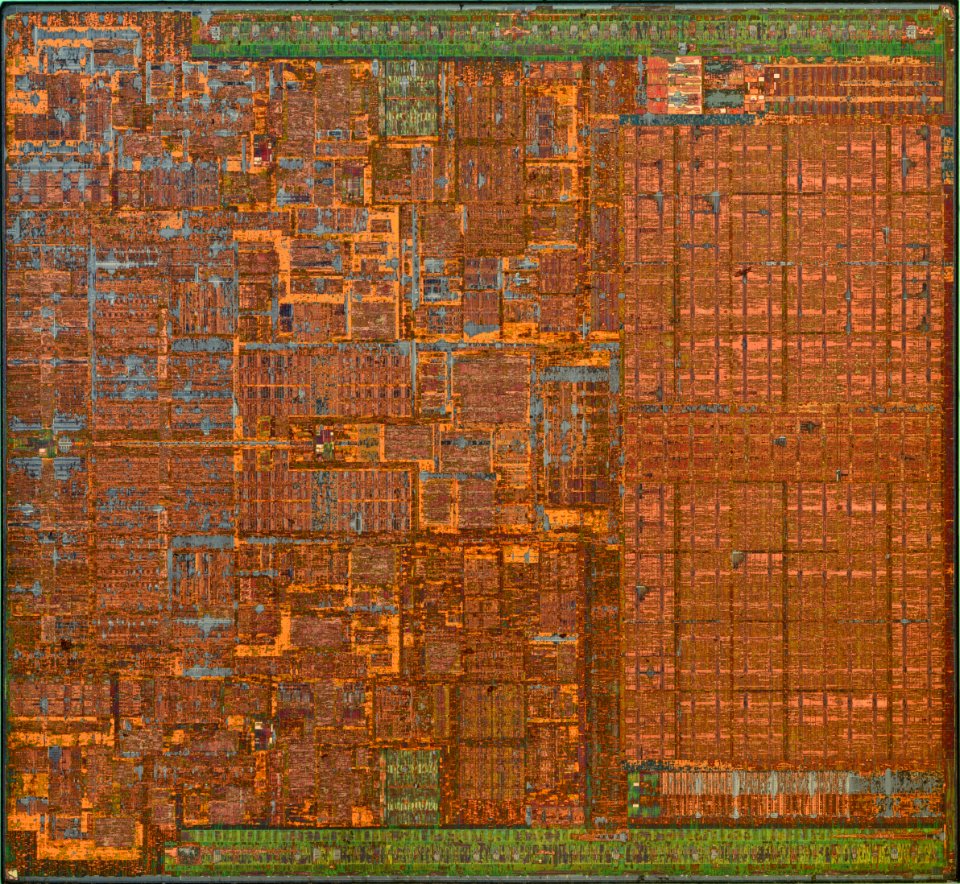 Intel Wolfdale-3M die shot (E7400) during etching - internal light - high resolution - stitched