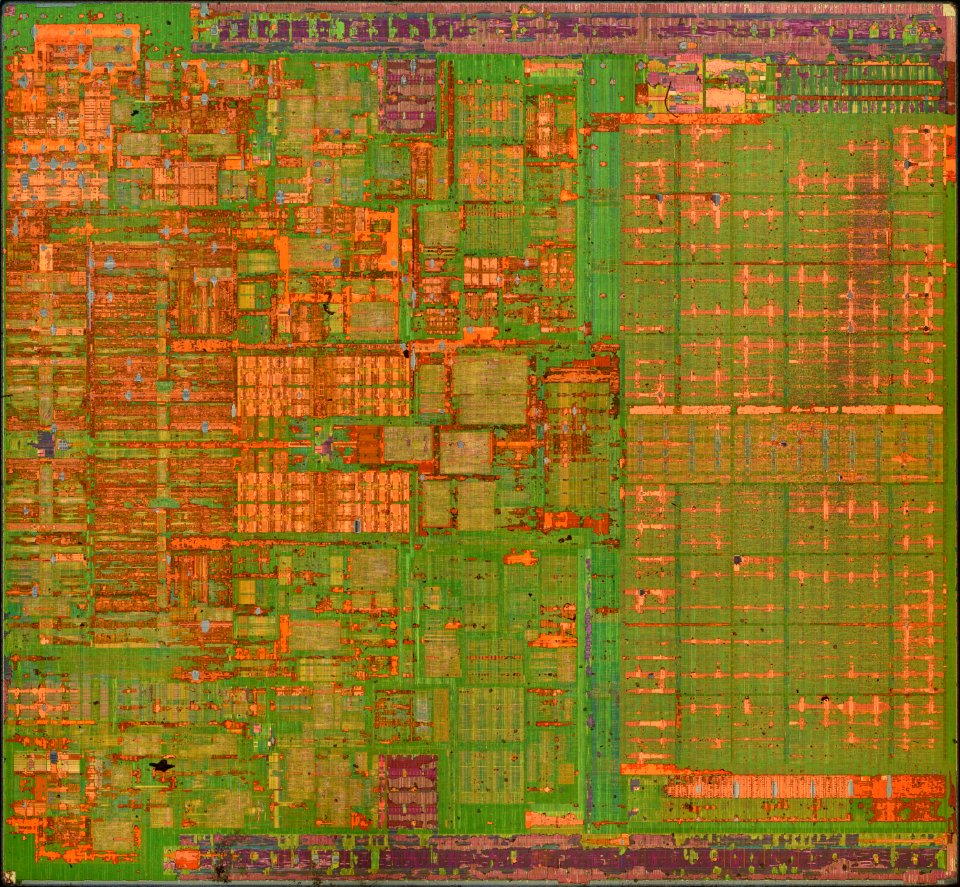 Intel Wolfdale-3M die shot (E7400) during etching - internal light - high resolution - stitched